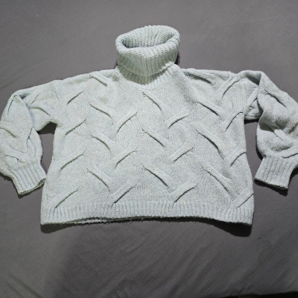 Madewell Turtleneck Sweater Womens XS Blue Basketweave Cable Knit Wool Blend